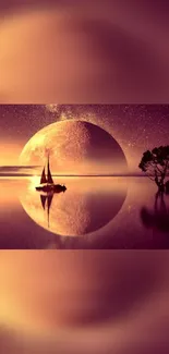 Serene mobile wallpaper with lunar reflection and sailboat silhouette on calm water.