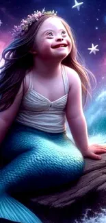 Dreamy mermaid with starry sky and ocean.