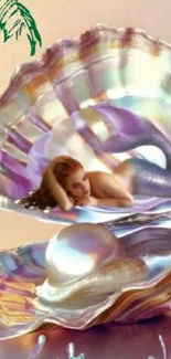 Dreamy mermaid lying in an iridescent shell with pastel colors.