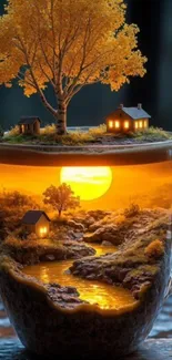 Miniature forest scene with glowing cabins and tree inside a cup.