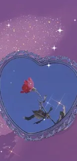 Heart-shaped mirror with rose on purple background.