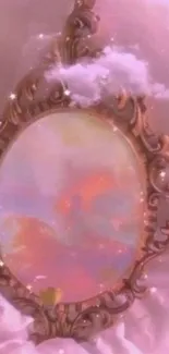 Ornate mirror surrounded by pink clouds.