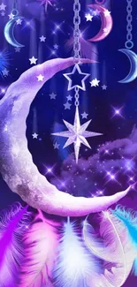 Dreamy purple moon with vibrant feathers and stars.