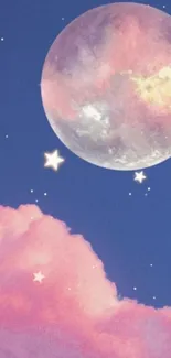 Dreamy moon with pink clouds and stars wallpaper.