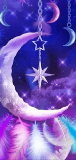 Dreamy crescent moon with stars and colorful feathers on a purple sky background.