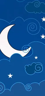 Crescent moon with stars and clouds on blue background wallpaper.