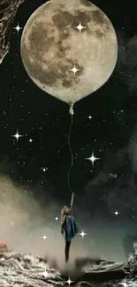 Girl floats with moon balloon in starry sky wallpaper.