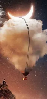 Surreal hot air balloon with moon and cloud in starry sky.