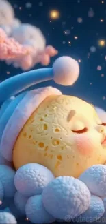 Dreamy cartoon moon sleeping in fluffy clouds with a starry sky.