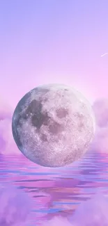 Full moon floating above pink clouds with pastel sky.