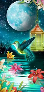 Hummingbird in a moonlit garden with flowers and lantern.