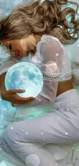 Woman hugging a glowing moon in a dreamy, celestial-themed setting.