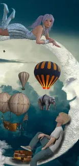 Whimsical fantasy scene with moon and balloons.