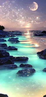 Peaceful moonlit beach with glowing water and starry sky.