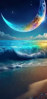 Colorful moonlit beach scene with nighttime ocean.