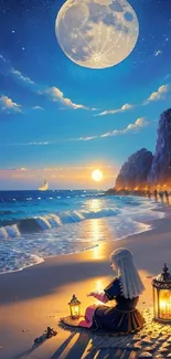 Moonlit beach with lanterns and a large full moon in a fantasy setting.