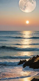 Dreamy beach with moonlit ocean at sunset.