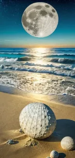 Moonlit beach with seashells and waves under a starry night sky.