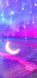 Dreamy moonlit beach with purple hues and a glowing crescent moon.