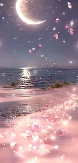 Moonlit beach with floating petals and serene night sky.