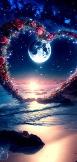 Magical beach with heart-shaped moon and roses under starry sky.