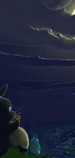 Moonlit scene with animated characters under a serene night sky.