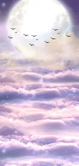 Dreamy sky with birds and pastel clouds under a full moon.