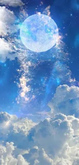 Dreamy moonlit wallpaper with clouds and blue sky.