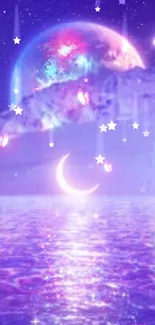 Dreamy night scene with moon and celestial water reflection.