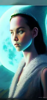 Mystical portrait with moonlit hues and ethereal elements.