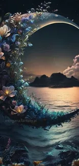 Crescent adorned with flowers under a starry night sky over a calm sea.