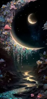 Mobile wallpaper with crescent moon and flowers over a night pathway.