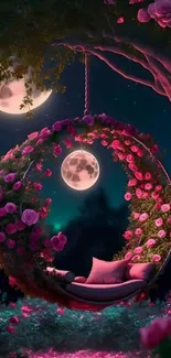 Enchanting floral swing under moonlit sky wallpaper.