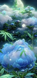 Blue flowers and moonlit sky wallpaper with lush greenery.