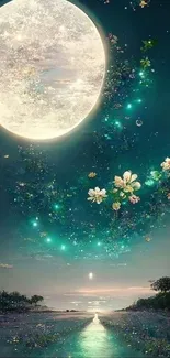 Fantasy night landscape with moon and glowing flowers.