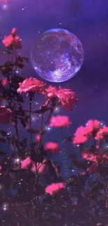 Fantasy scene with pink flowers and a glowing moon under a purple sky.