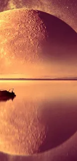 Sailboat gliding on a reflective, moonlit lake with a distant tree silhouette.