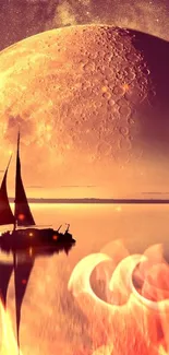 Sailboat on moonlit lake with cosmic backdrop and purple hues.