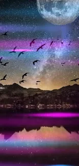 Mobile wallpaper with a moonlit landscape, vibrant colors, and flying birds.