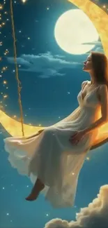 Woman swinging on crescent moon under a starry sky.