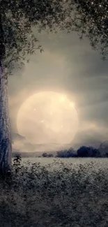 Moonlit landscape with tree silhouette and glowing full moon.