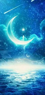 Crescent moon and stars in a vivid blue night sky wallpaper.