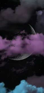 Purple clouds and crescent moon night sky wallpaper.