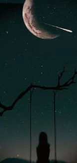 Silhouette on swing under a crescent moonlit sky with shooting star.