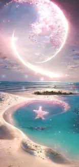 Fantasy moonlit ocean scene with glowing stars and sand dunes.