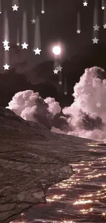 Moonlit ocean scene with clouds and shimmering water at night.