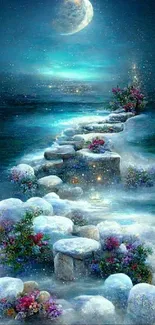 A mystical moonlit path with stones and flowers, under a starry night sky.