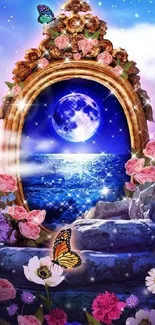 A mystical mirror portal with moonlit sea and vibrant flowers.