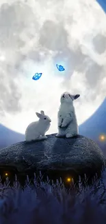 Two rabbits under a glowing full moon with blue butterflies and fireflies.