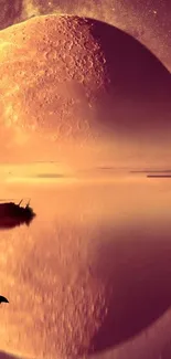 Surreal moonlit landscape with reflection and sailboat.